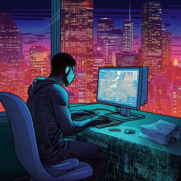 Ini berisi: A vibrant, cartoonish humanoid AI sitting at a wooden desk, typing rapidly on a transparent, holographic computer. Pages of code stream out from the screen, forming a cityscape in the distance labeled 'The Future of Web Development